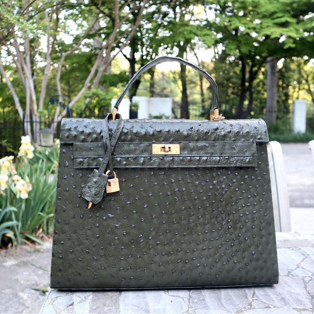 Forest Green Ostrich Top Handle Bag with Lock